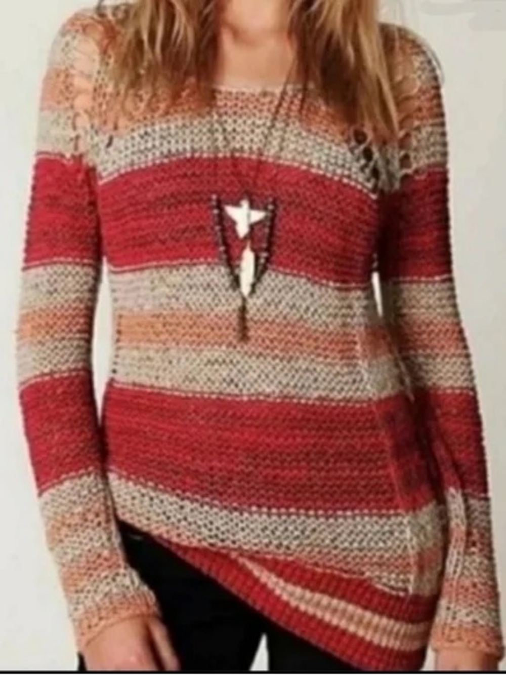 Free People Striped Red and Cream Open-Knit Sweater